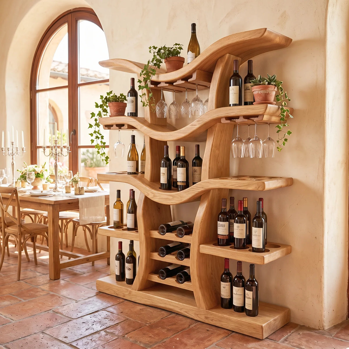 Solid Wood Freestanding Wine Rack with Sculptural Branching Shelves