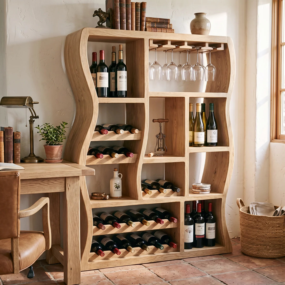 Sculptural Solid Wood Wine Cabinet with Curved Open Storage Compartments