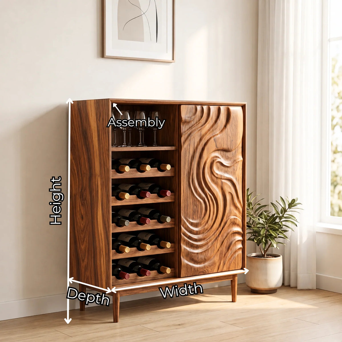 Solid Wood Wine Cabinet with Sculpted Wave Door and Wine Bottle Storage