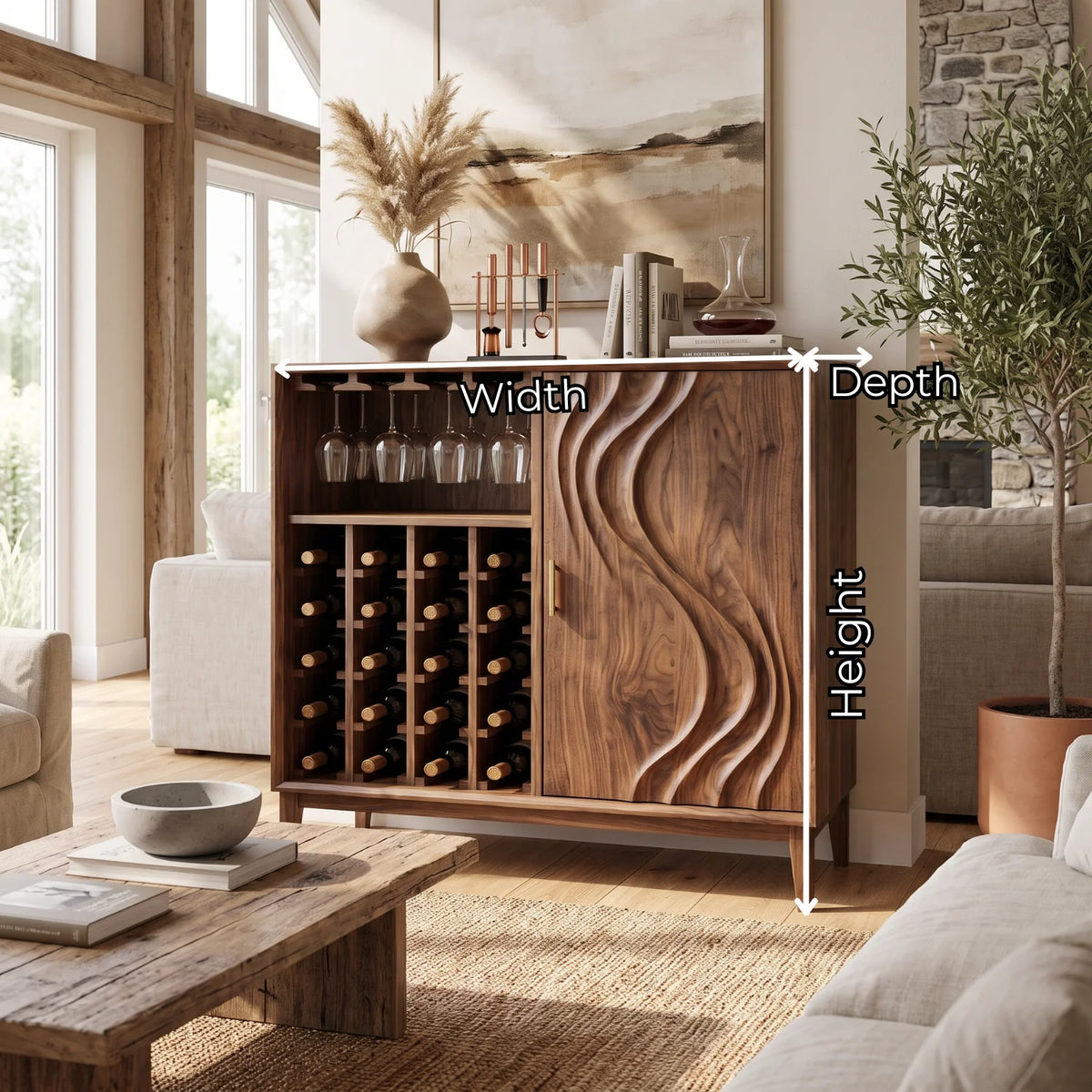 Solid Wood Wine Cabinet with Sculpted Wave-Carved Door for Dining Room