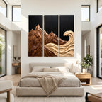 Mountain Wave Triptych Solid Wood Wall Sculpture – Three-Panel Nature-Inspired Wall Art