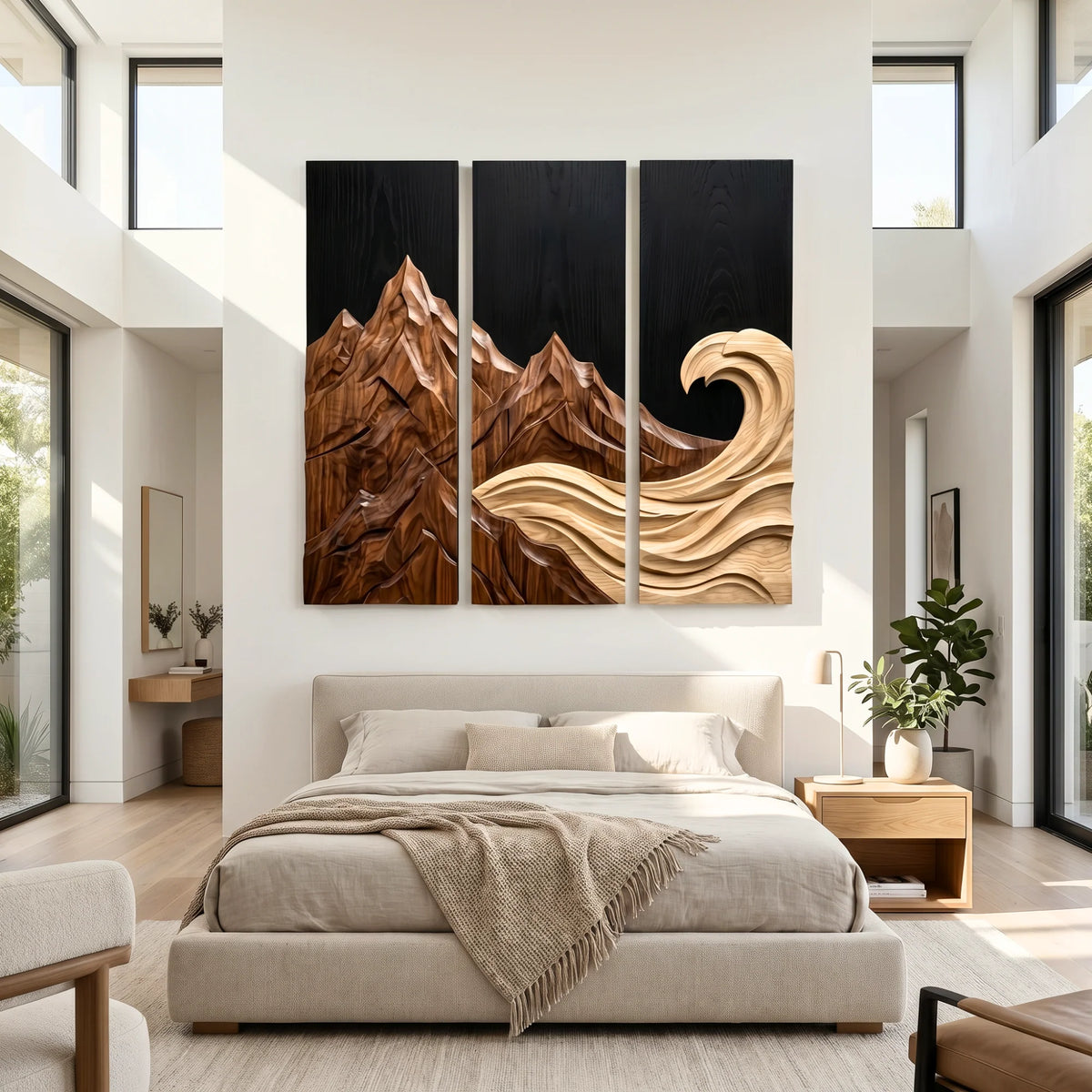 Mountain Wave Triptych Solid Wood Wall Sculpture – Three-Panel Nature-Inspired Wall Art