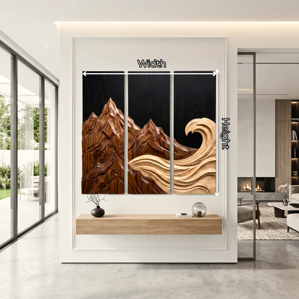 Mountain Wave Triptych Solid Wood Wall Sculpture – Three-Panel Nature-Inspired Wall Art