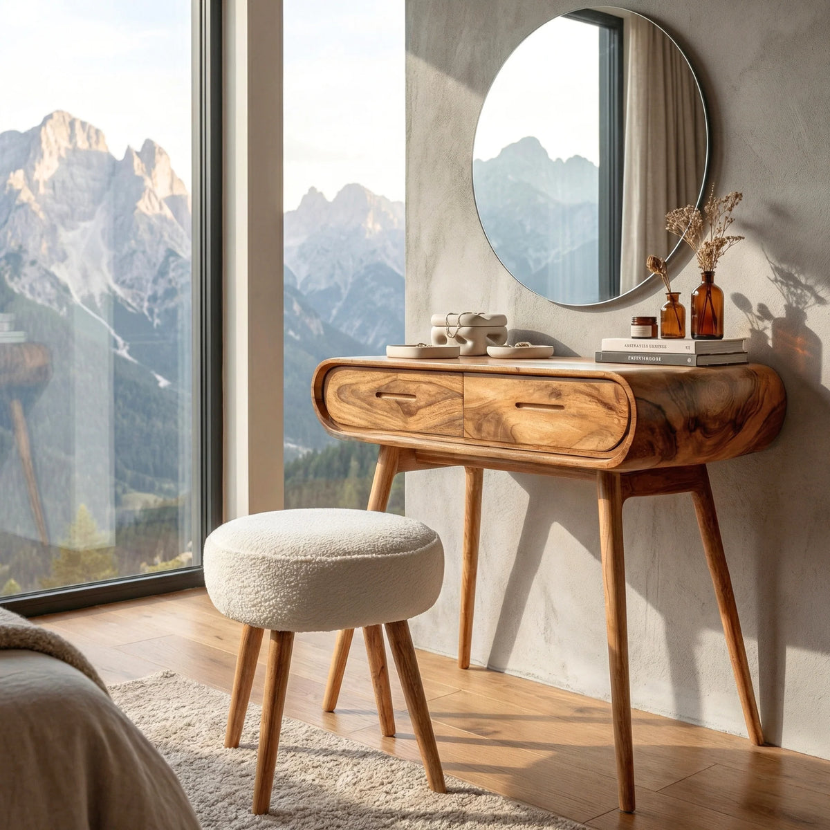 Mid-Century Modern Curved Wood Vanity Table with Storage Drawers