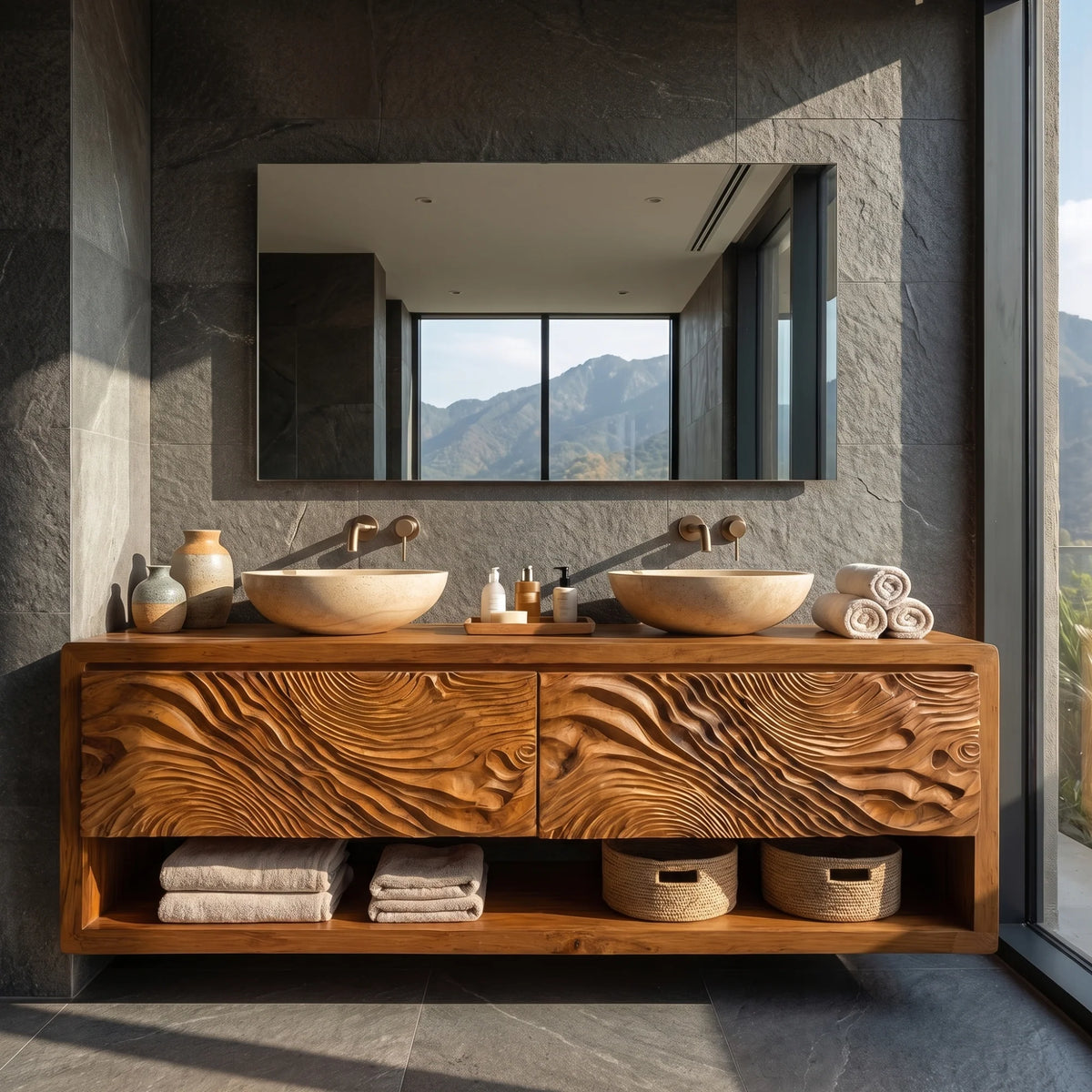 Solid Wood Double Bathroom Vanity Cabinet with Carved Wave Front and Open Storage Shelf