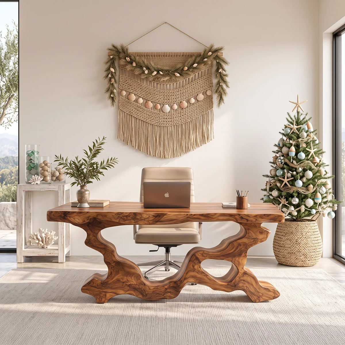 Live Edge Solid Wood Executive Desk with Sculptural Root-Style Frame – Luxury Office Furniture