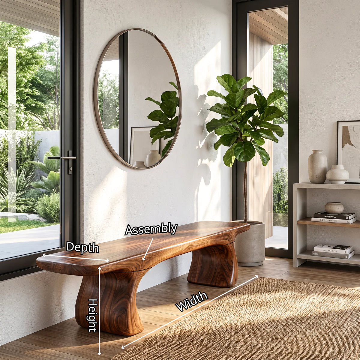 Sculptural Solid Wood Bench with Curved Base and Organic Live Edge Seat