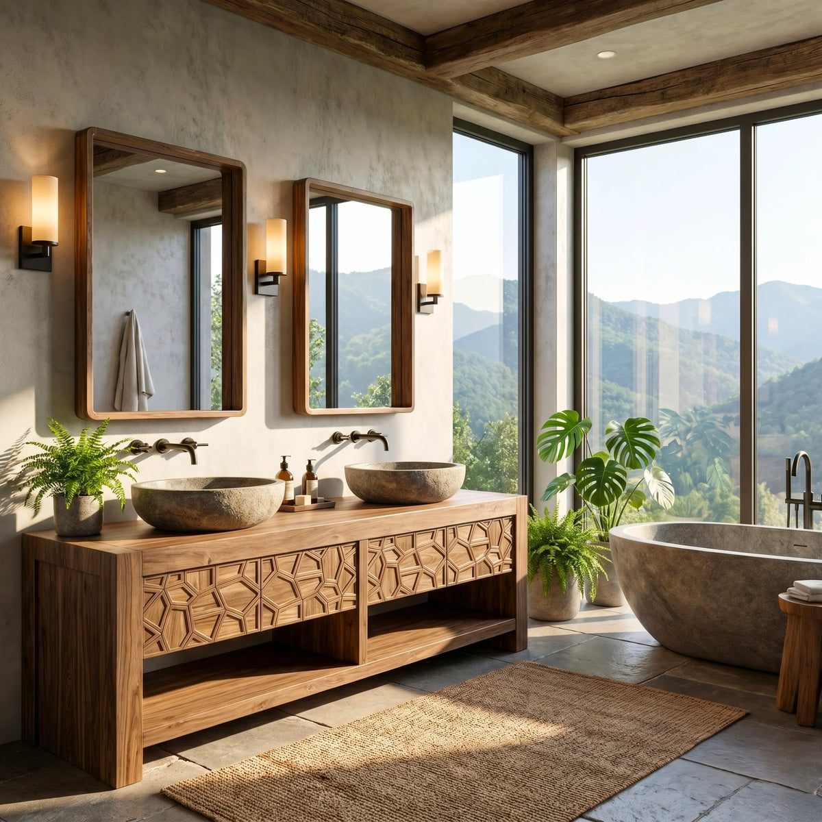 Modern Solid Wood Bathroom Vanity Cabinet with Geometric Carved Front Design