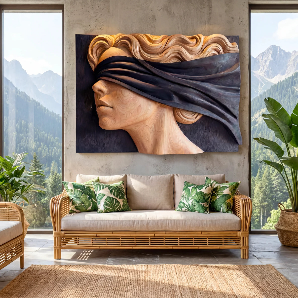 Wind Veil Solid Wood Wall Sculpture – Abstract Profile Portrait with Flowing Relief Design