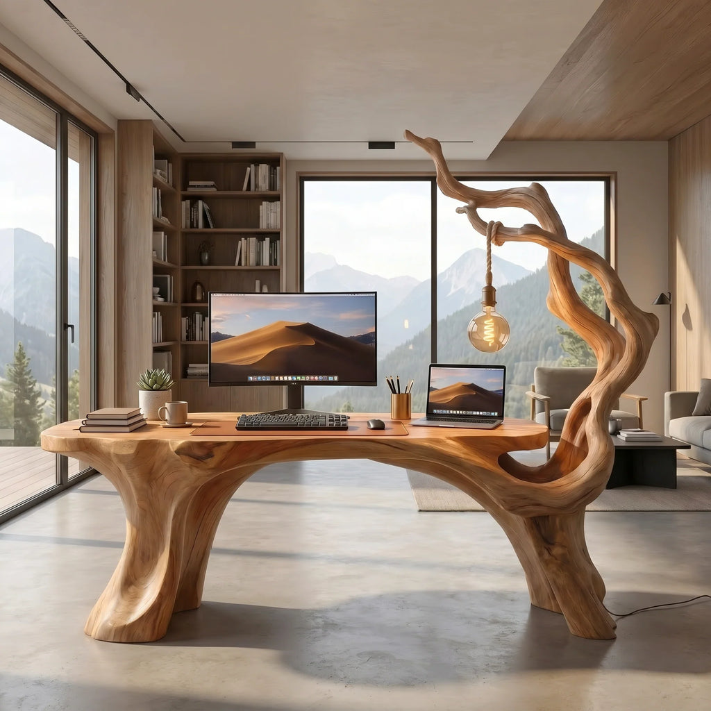 Sculptural Solid Wood Desk with Integrated Hanging Lamp – Artistic Modern Workspace Furniture