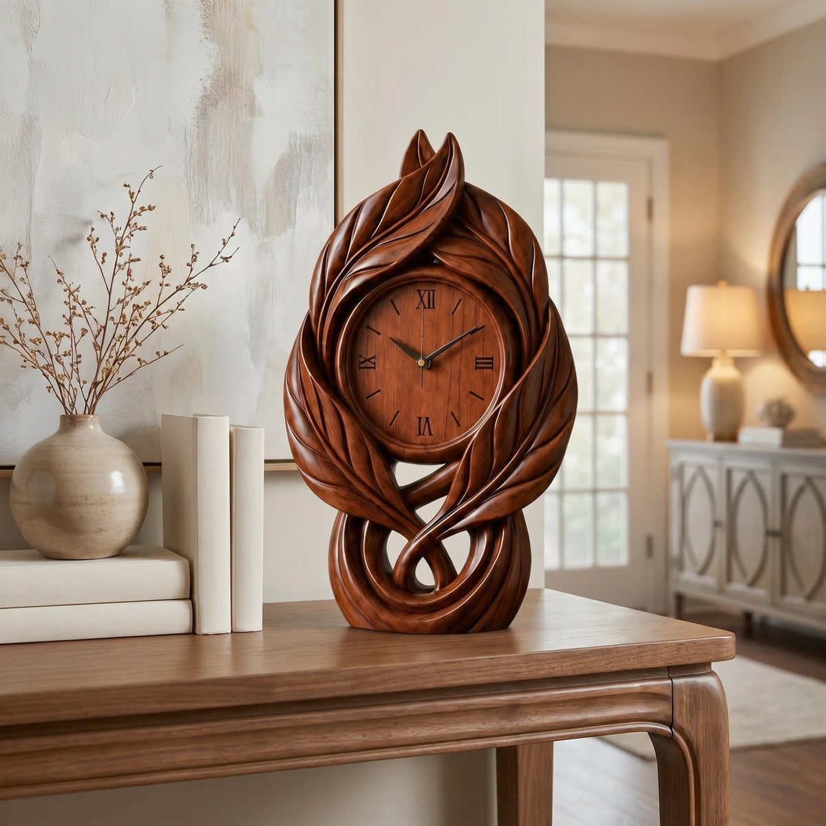 Solid Wood Leaf-Inspired Table Clock – Sculptural Decorative Desk Clock for Modern Interiors