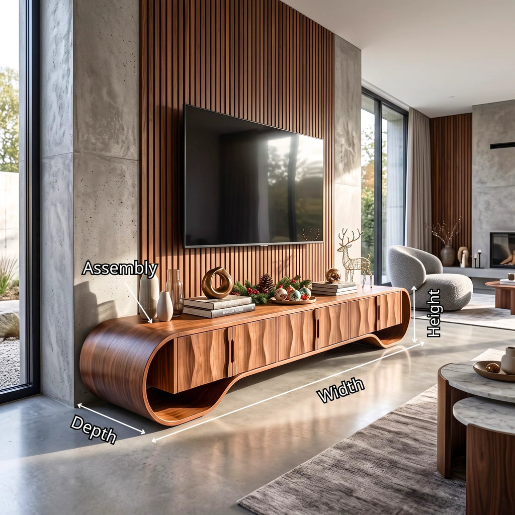 Sculptural Solid Wood TV Stand with Oval Frame and Natural-Grain Doors