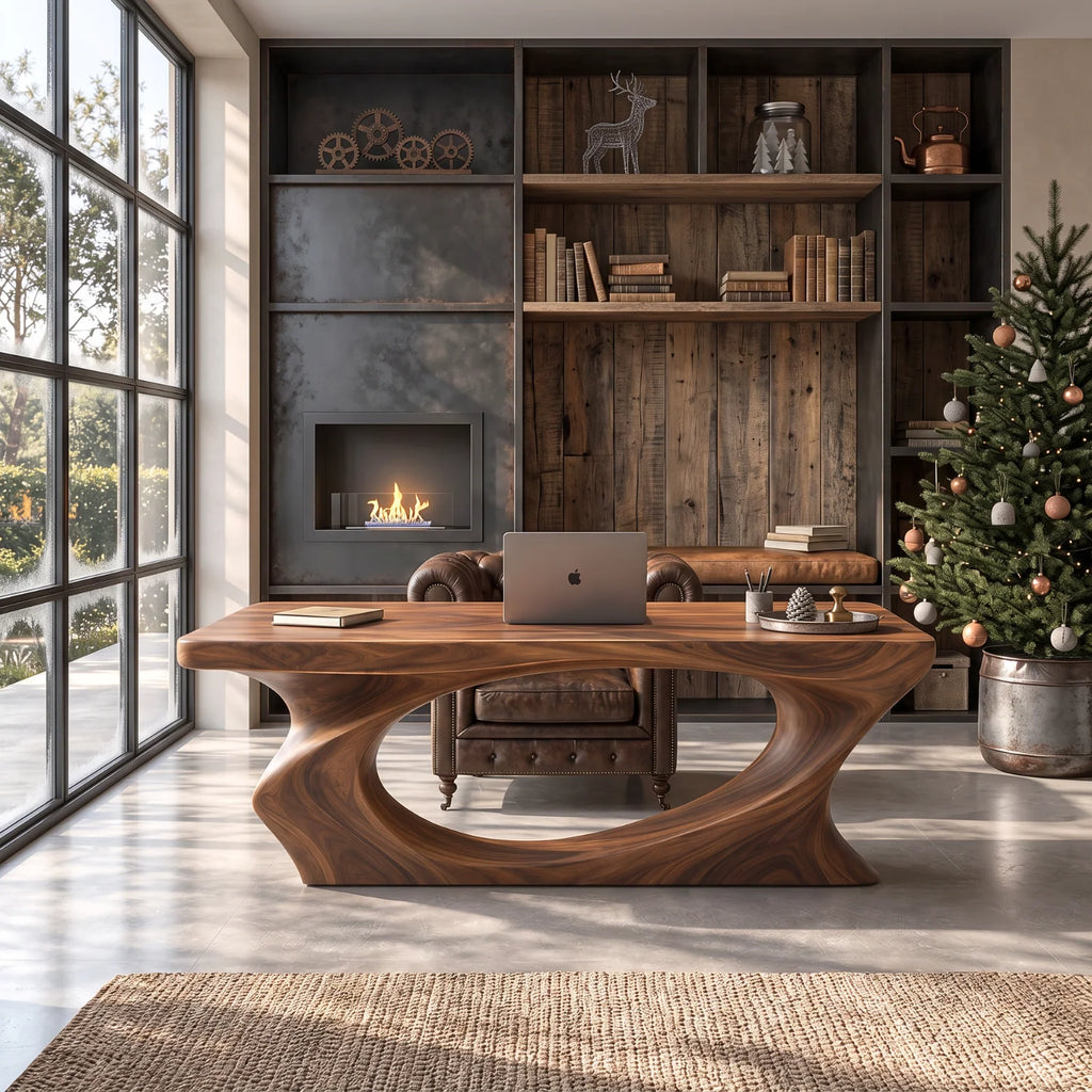 Solid Wood Executive Desk with Sculptural Loop Base