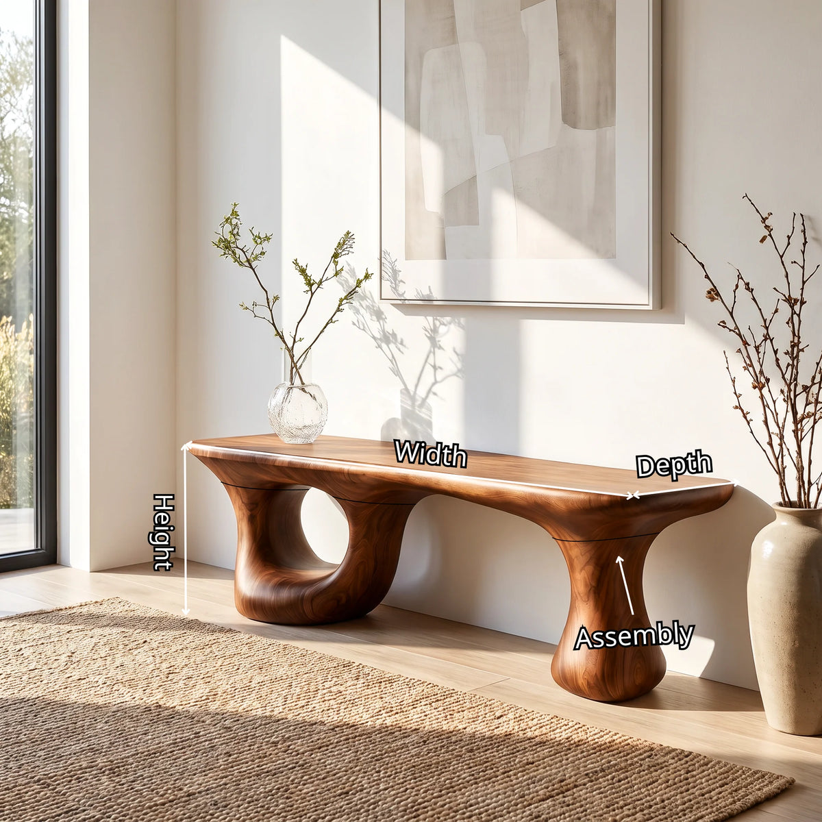 Sculptural Loop – Solid Wood Bench with Pedestal Base and Flowing Live Edge Seat