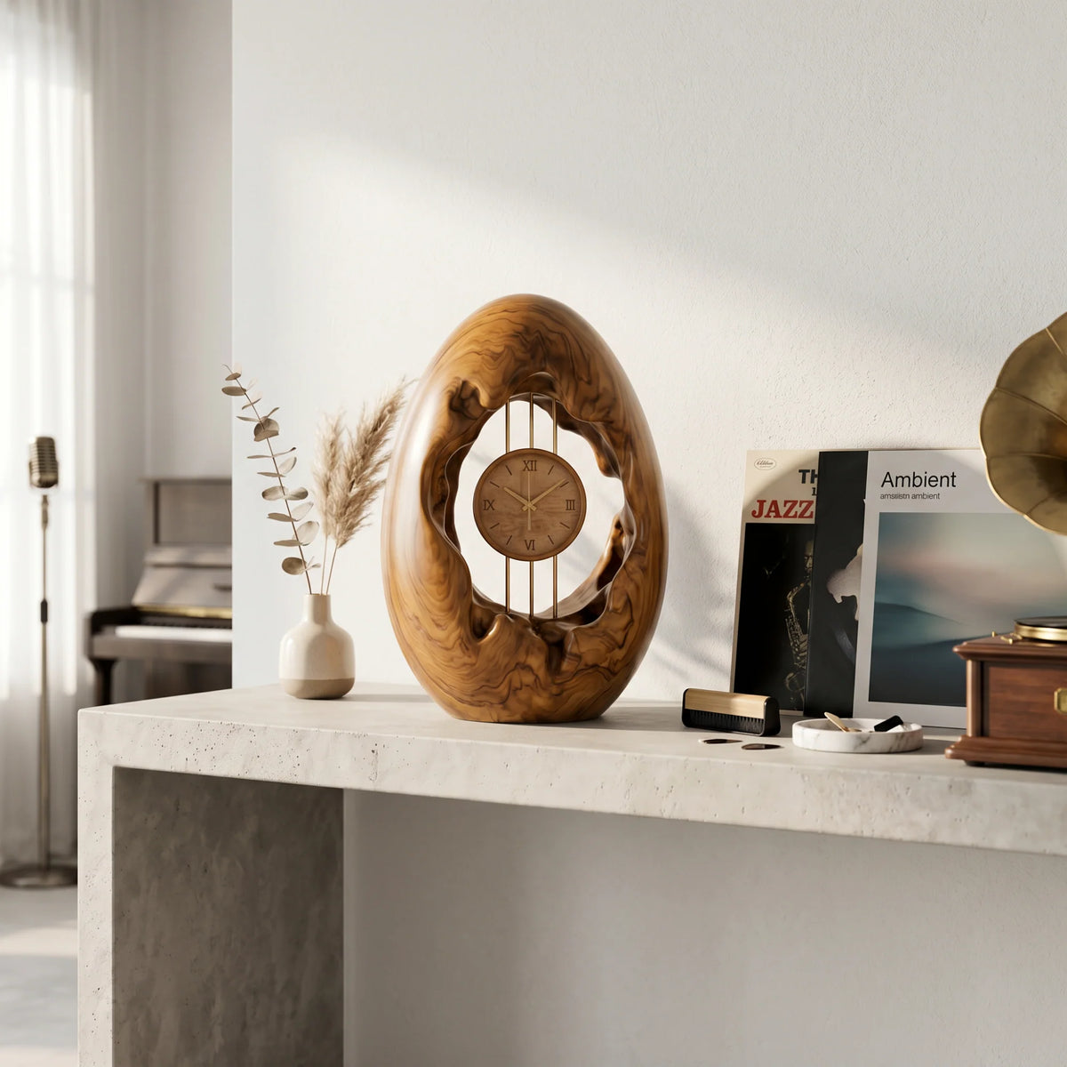 Solid Wood Oval Table Clock with Hollow Sculptural Frame – Modern Decorative Desk Clock