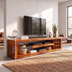 Solid Wood TV Console with Open Media Shelves and Side Storage Cubbies
