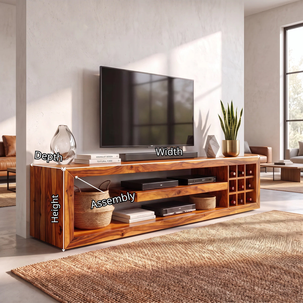 Solid Wood TV Console with Open Media Shelves and Side Storage Cubbies