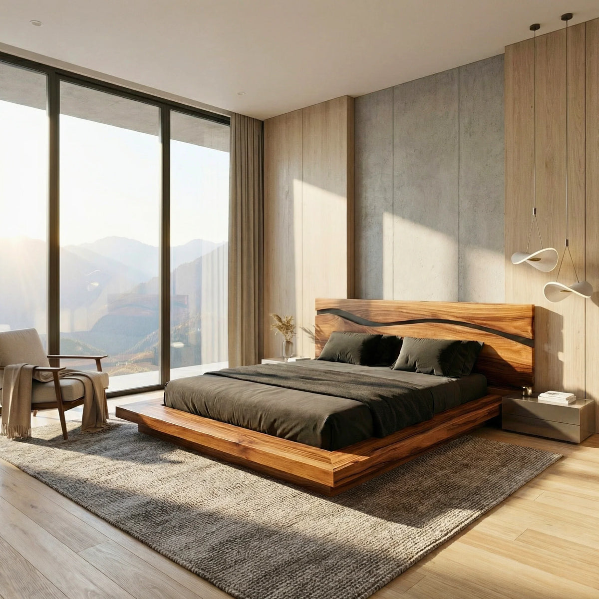 Solid Wood Platform Bed with Sculpted Wave Headboard – Modern Bed Frame for Contemporary Bedrooms