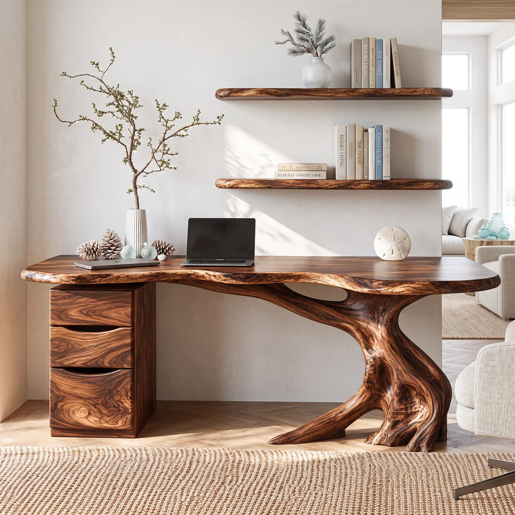 Live Edge Solid Wood Desk with Tree Base