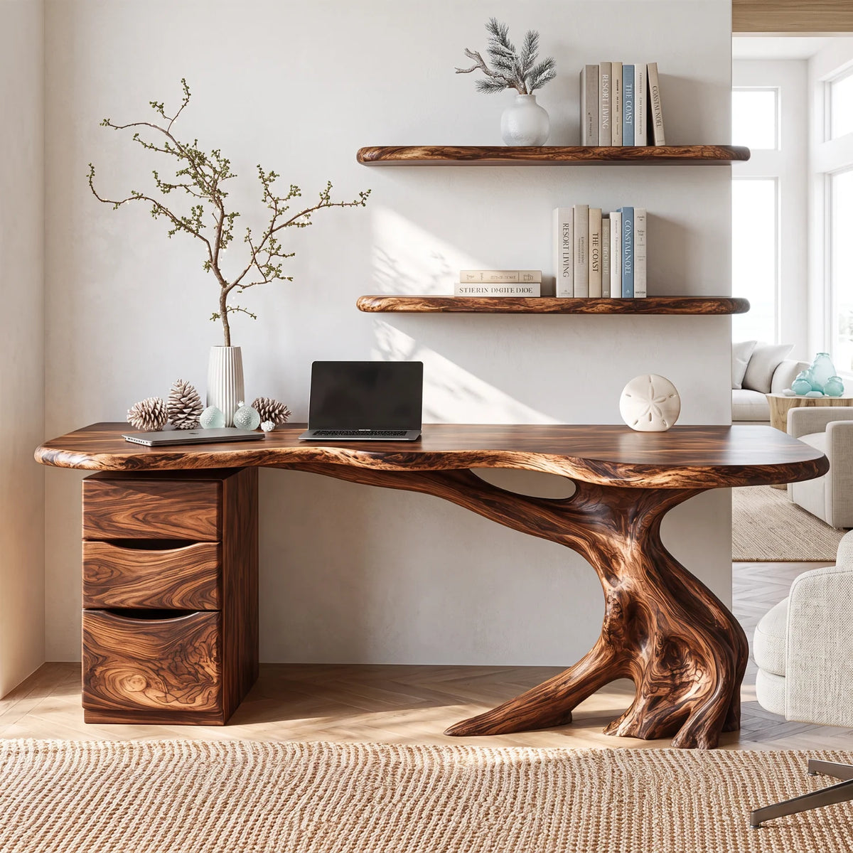 Live Edge Solid Wood Desk with Tree Base