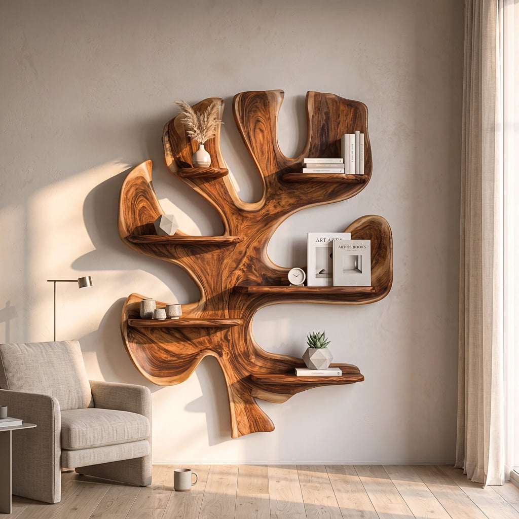 Sculptural Solid Wood Tree Wall Shelf