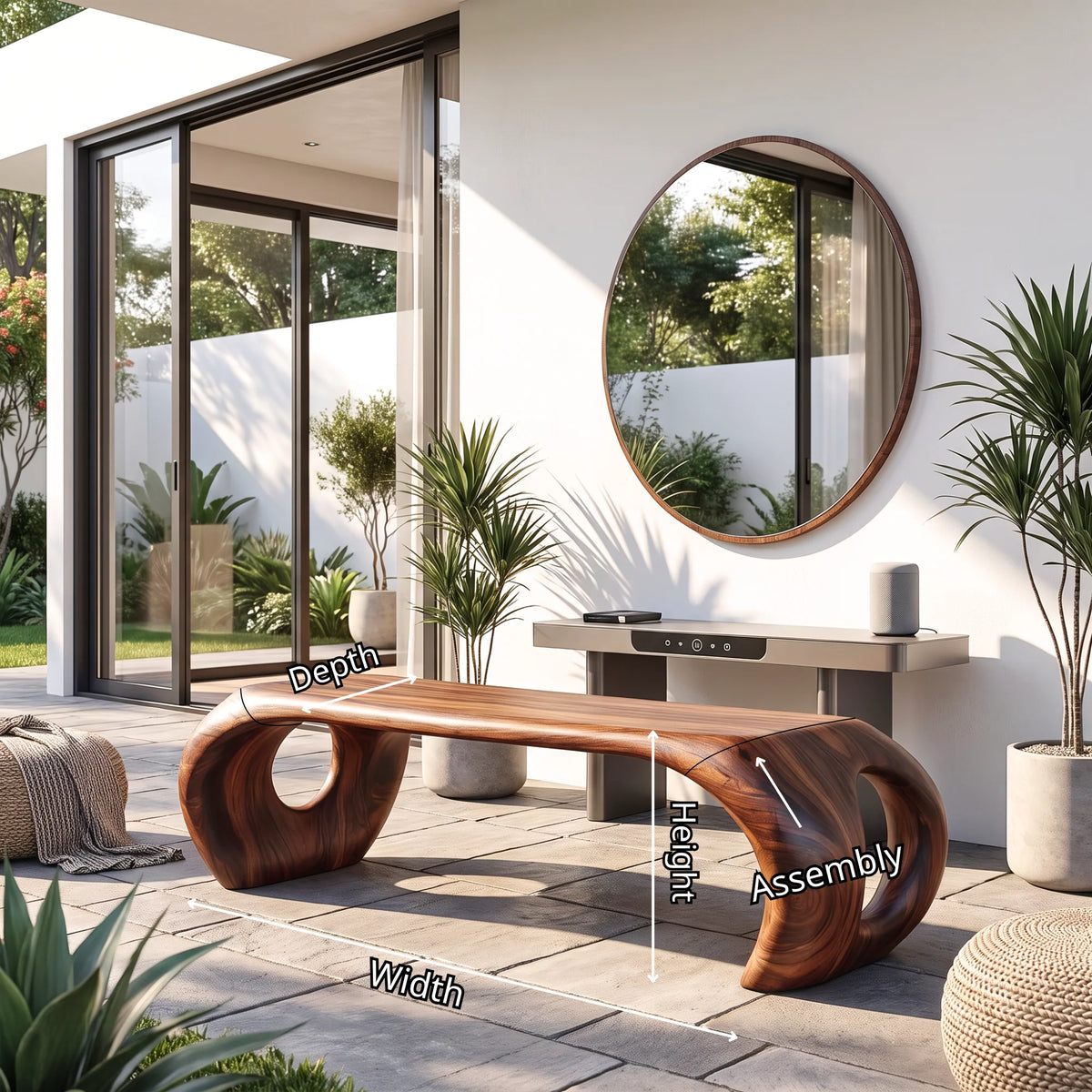 Sculptural Solid Wood Bench with Loop Base and Flowing Organic Live Edge Seat