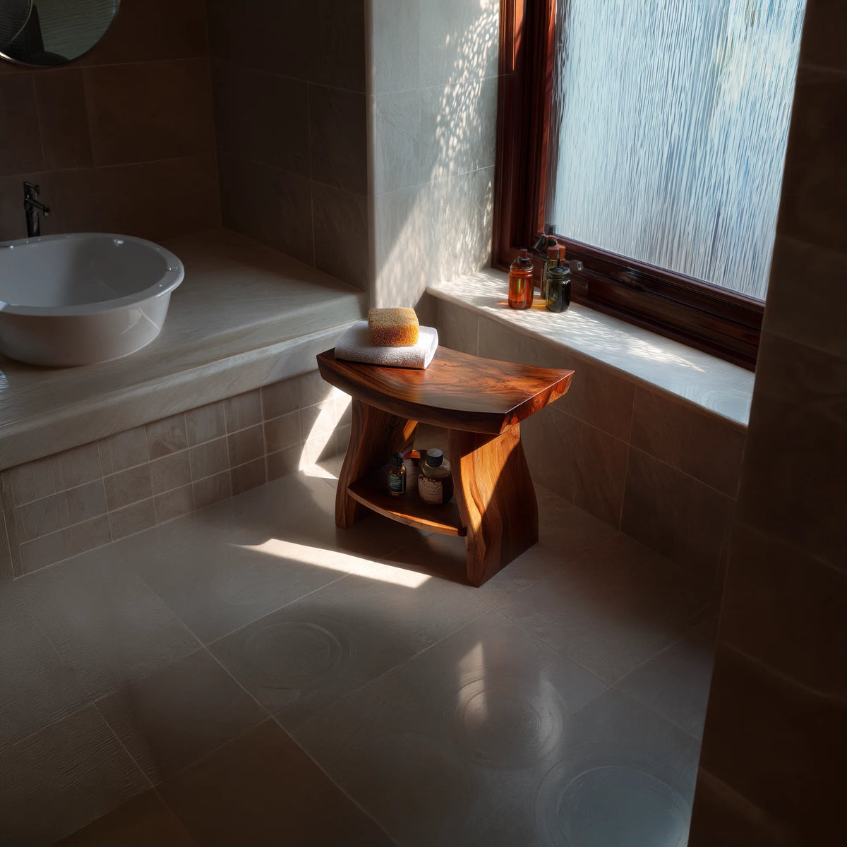 Solid Wood Bathroom Stool with Sculpted Seat and Open Shelf Storage