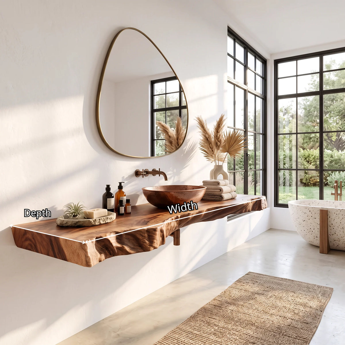 Solid Wood Floating Bathroom Vanity Shelf with Thick Live Edge Slab – Modern Wall-Mounted Wood Shelf