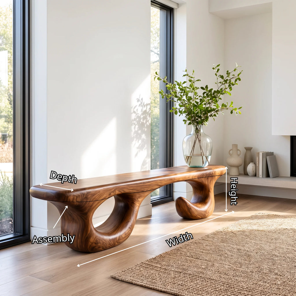 Sculptural Solid Wood Bench with Open Loop Base and Flowing Live Edge Seat