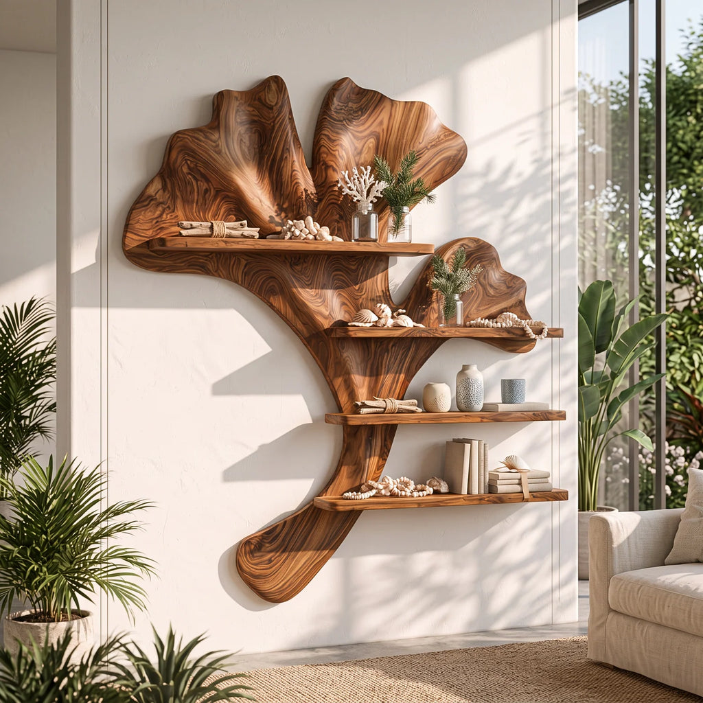 Ginkgo Leaf Solid Wood Sculptural Wall Shelf