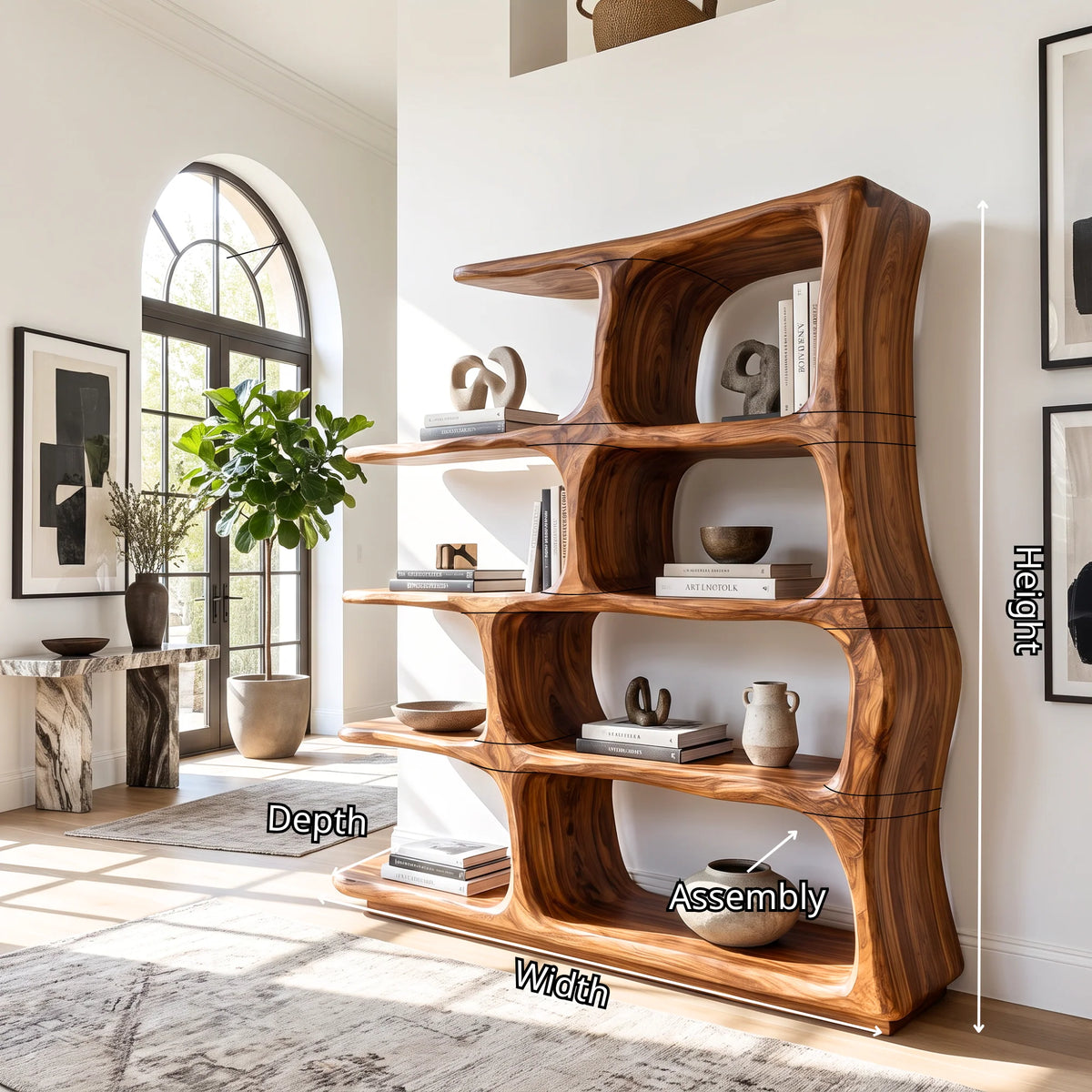 Freeform Elegance – Solid Wood Bookcase with Rounded Open Shelves and Sculptural Frame
