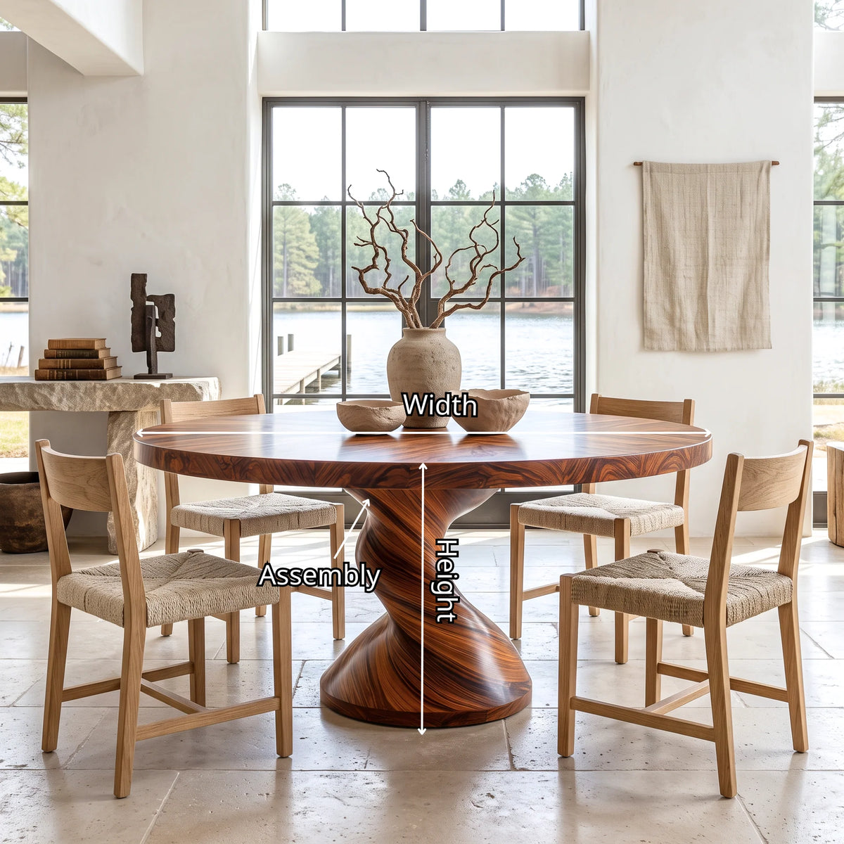 Round Solid Wood Dining Table with Sculptural Twisted Pedestal Base