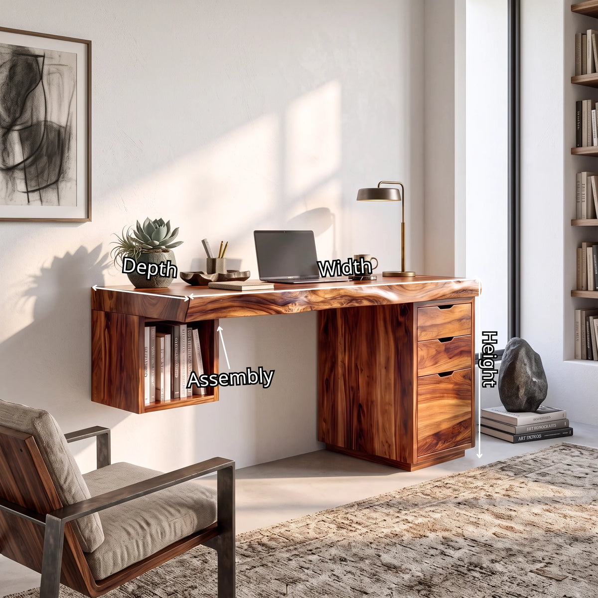 Solid Wood Desk with Drawers and Open Shelf