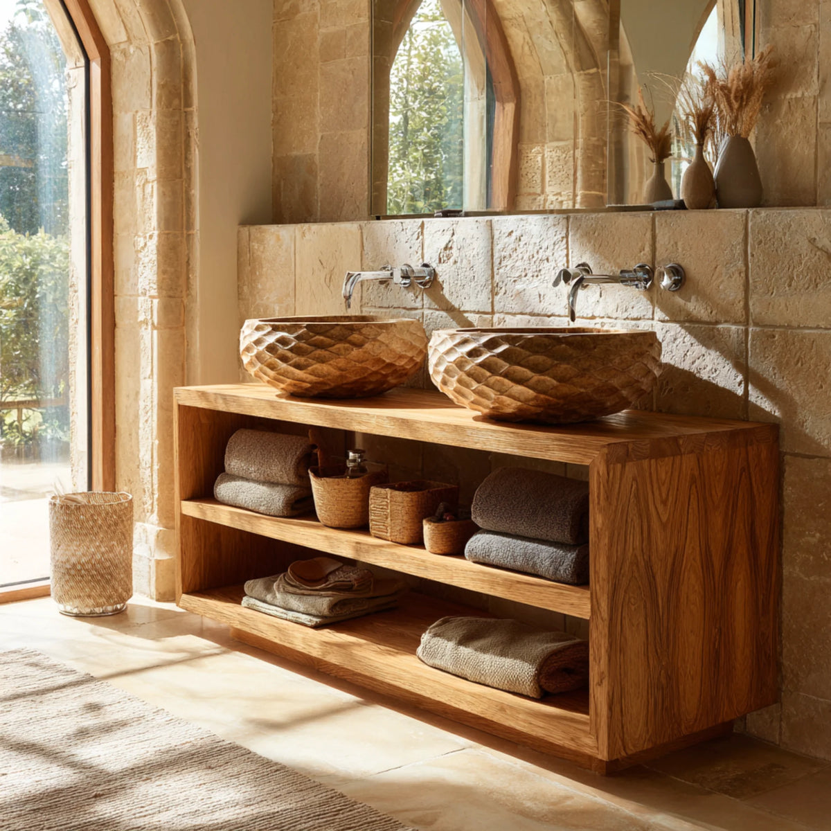 Solid Wood Double Bathroom Vanity with Open Shelf Storage – Modern Wooden Vanity Cabinet