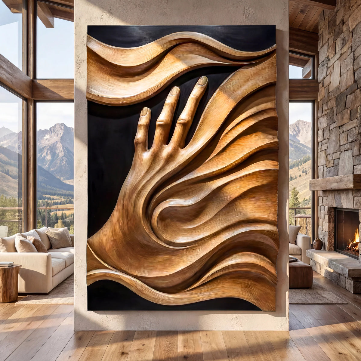 3D Flowing Wave Hand Solid Wood Wall Sculpture – Handcrafted Artistic Decor