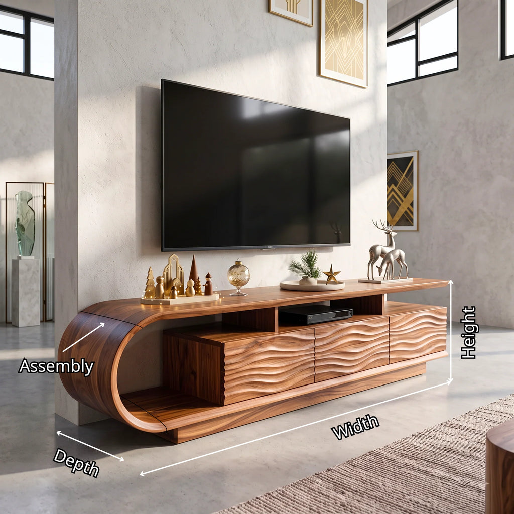 Waterfall Curve Solid Wood TV Stand with Sculpted Wave-Front Storage