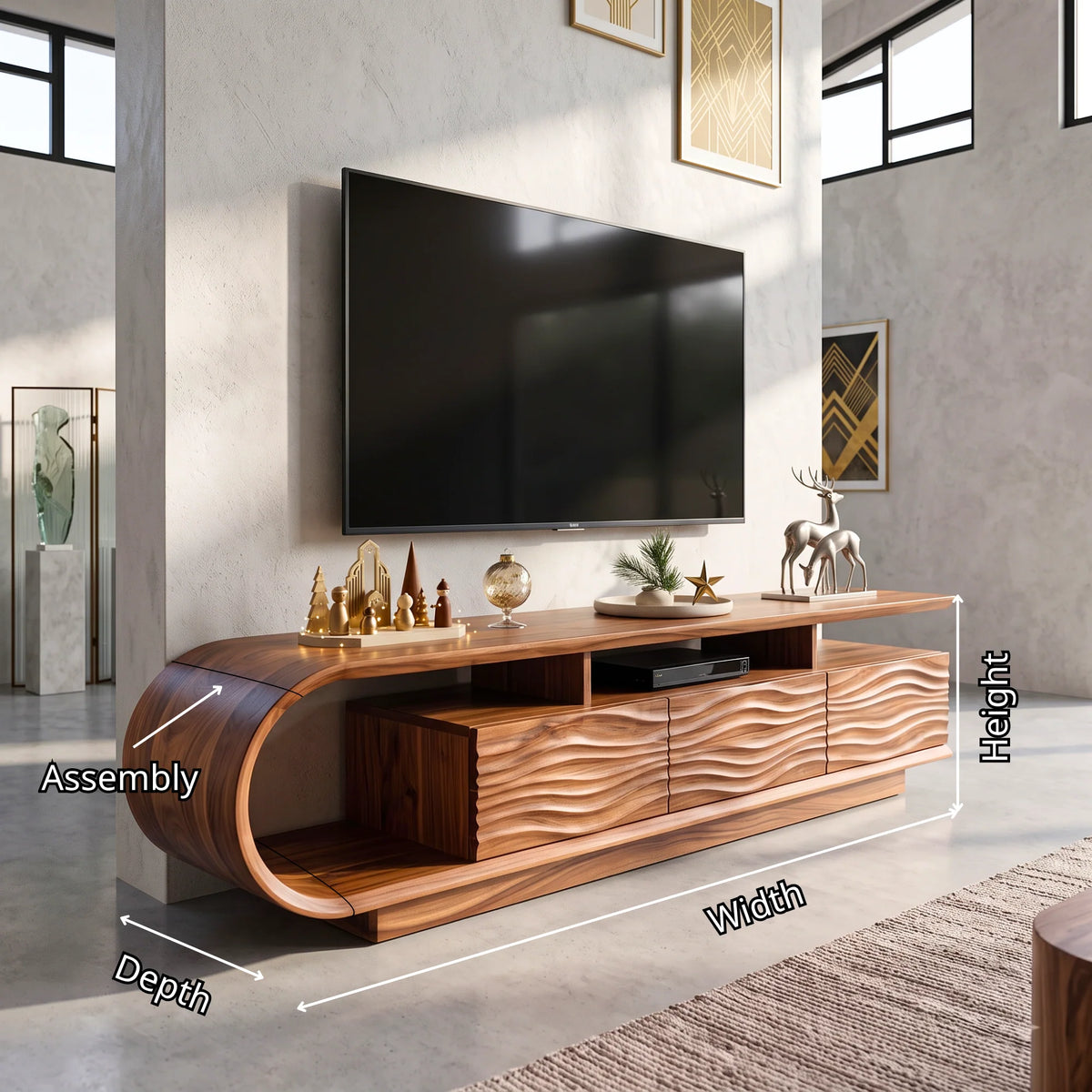 Waterfall Curve Solid Wood TV Stand with Sculpted Wave-Front Storage