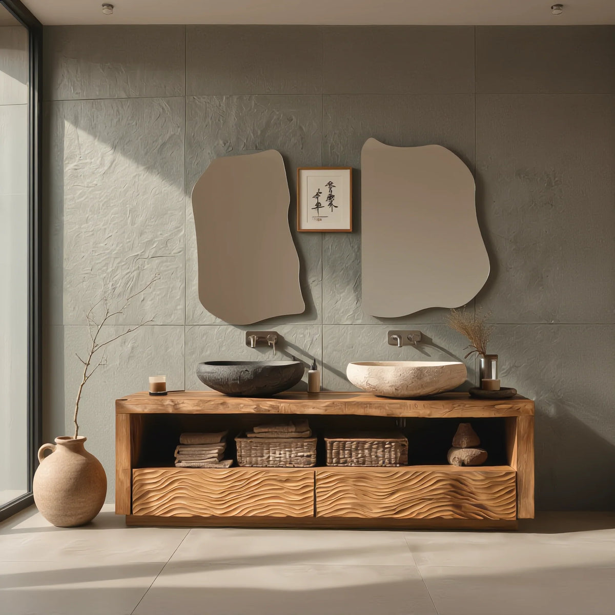 Solid Wood Double Bathroom Vanity with Carved Wave Drawers and Open Shelf Storage