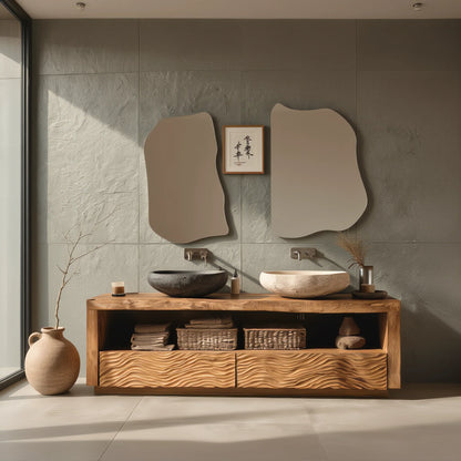 Solid Wood Double Bathroom Vanity with Carved Wave Drawers and Open Shelf Storage
