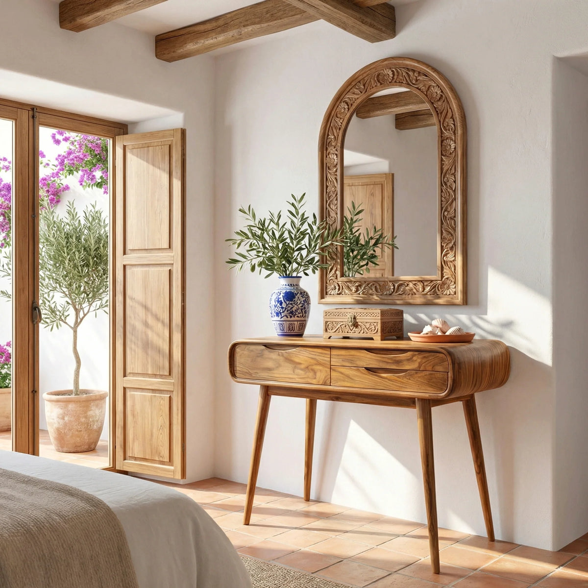 Modern Rounded Solid Wood Vanity Table with Storage Drawers