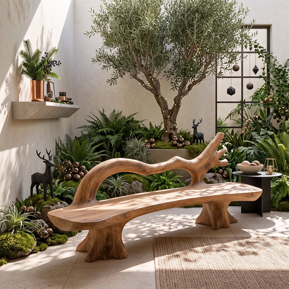 Flowing Branch – Handcrafted Solid Wood Outdoor Bench with Sculptural Backrest