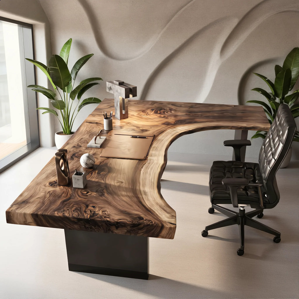 Live Edge Solid Wood Desk with Sculptural Cutout