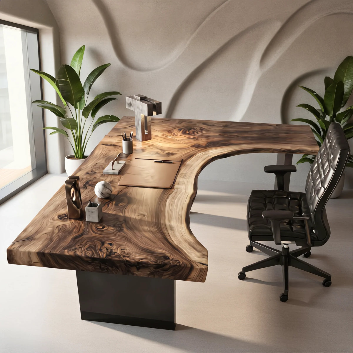Live Edge Solid Wood Desk with Sculptural Cutout