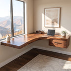 Solid Wood Floating Corner Desk with Live Edge Top and Built-In Drawer – Modern Home Office Desk