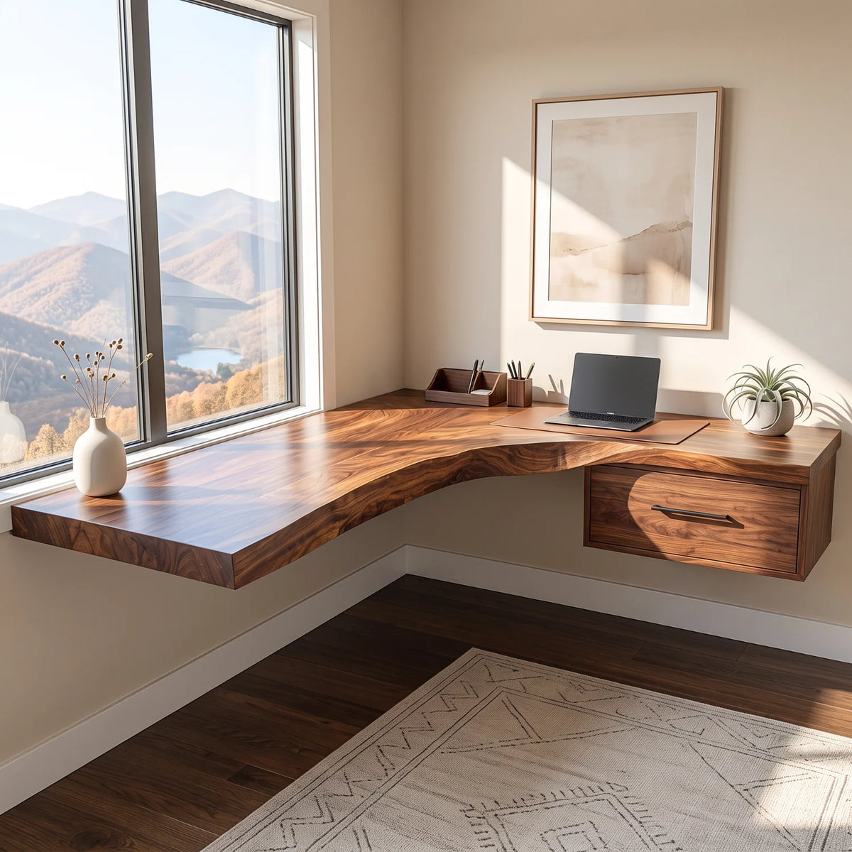 Solid Wood Floating Corner Desk with Live Edge Top and Built-In Drawer – Modern Home Office Desk