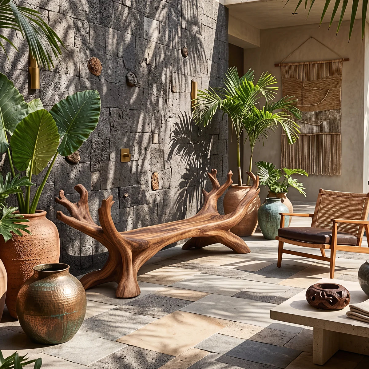Branch Harmony – Sculptural Solid Wood Garden Bench with Branch-Inspired Frame