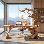 Sculptural Twisted Tree Wood Desk with Hanging Lamp