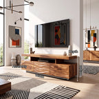 Solid Wood TV Console with Floating Top and Sculpted Wave-Front Cabinet