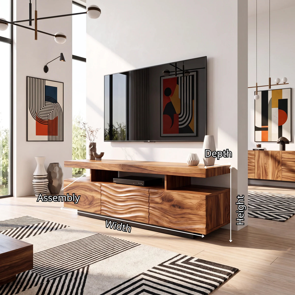 Solid Wood TV Console with Floating Top and Sculpted Wave-Front Cabinet