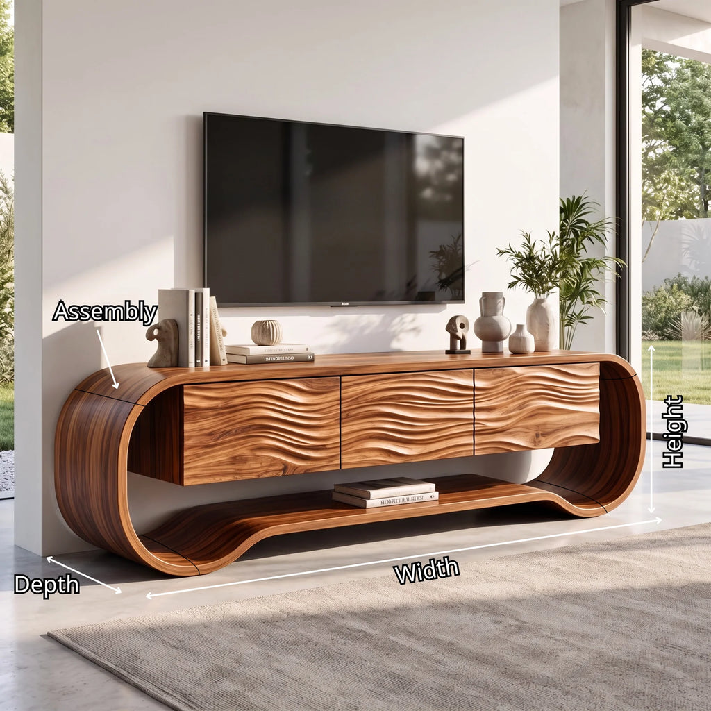 Sculptural Ribbon-Frame Solid Wood TV Console with Wave-Carved Doors